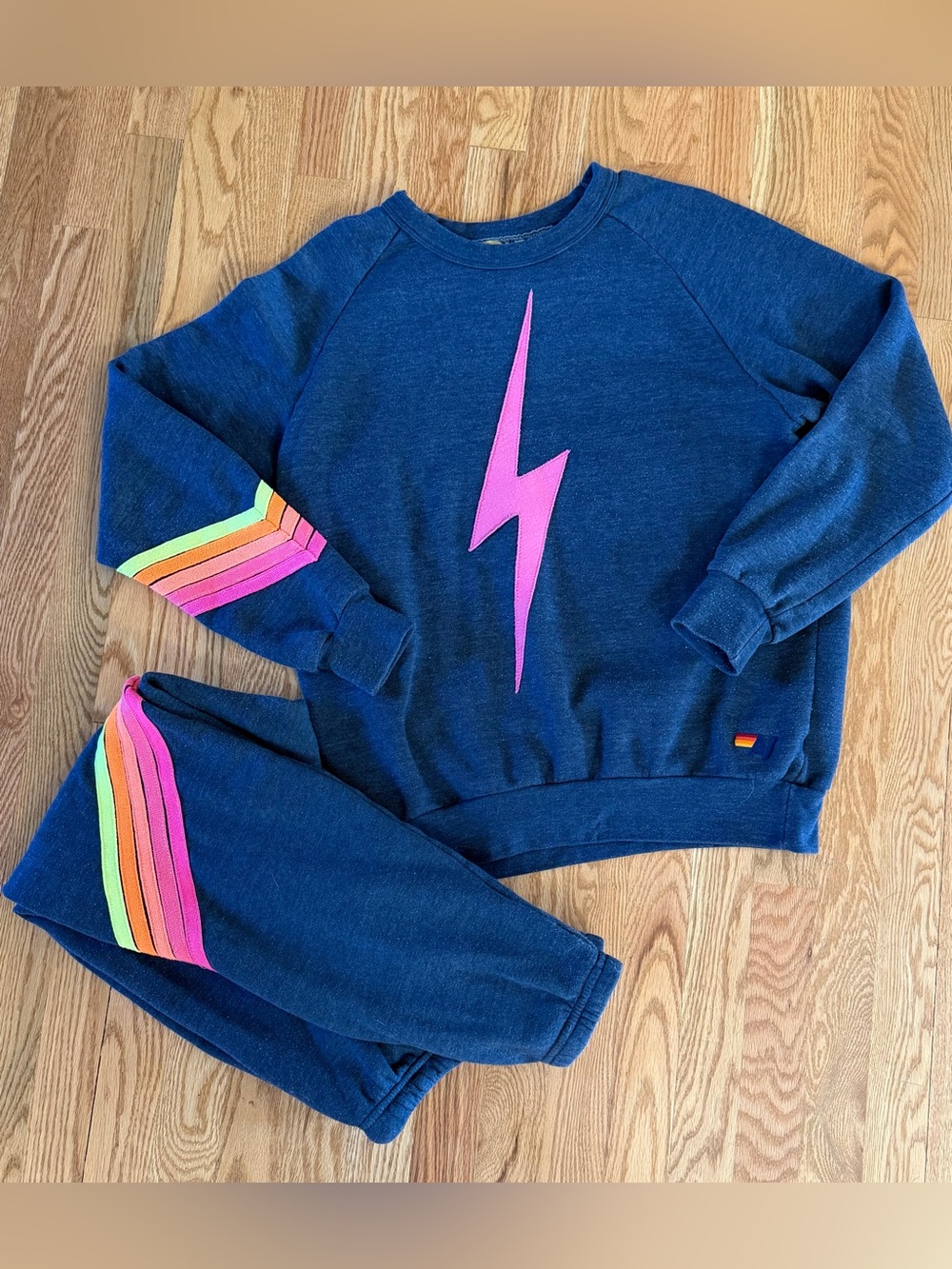 Aviator Nation Bolt 5 Stripe Sweatshirt Sweatpants Set Heather Navy Neon M